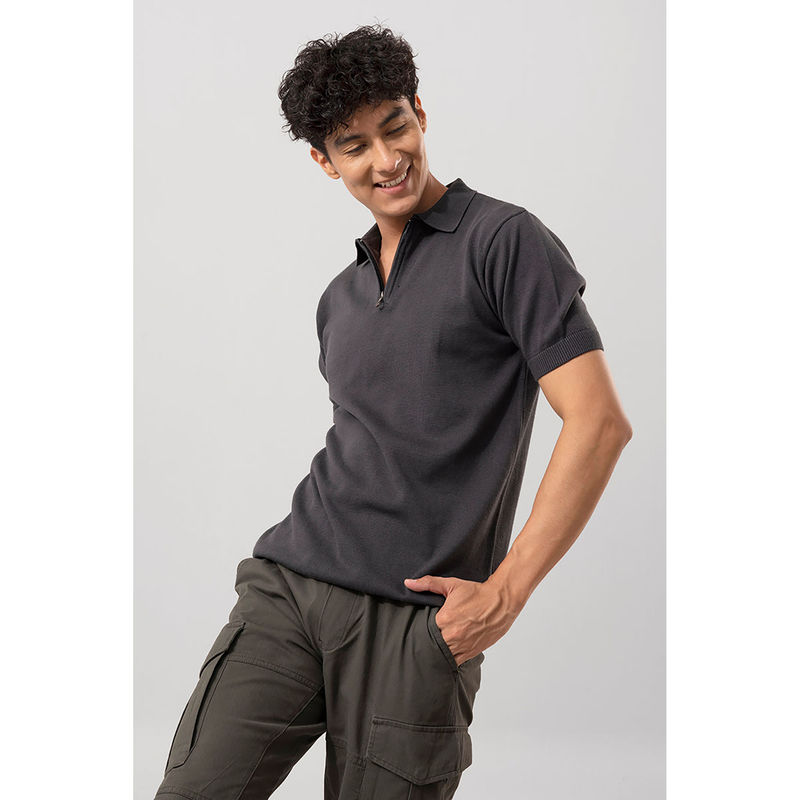 Snitch Mens Dark Grey Solid Slim Polo T-shirt (L)