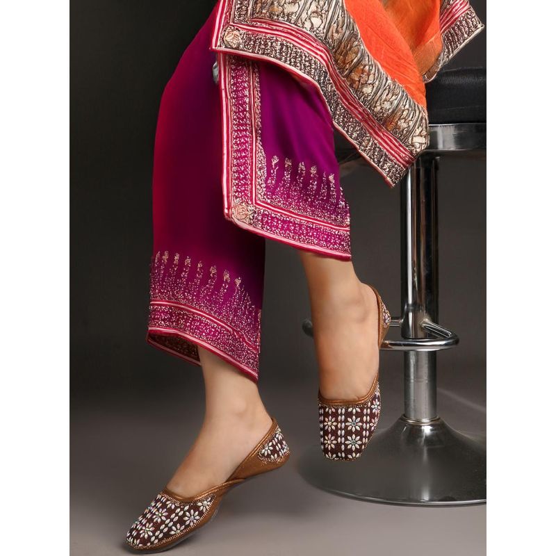 Iconics Women's Brown Floral Crystal Embellished Ethnic Juttis (EU 36)