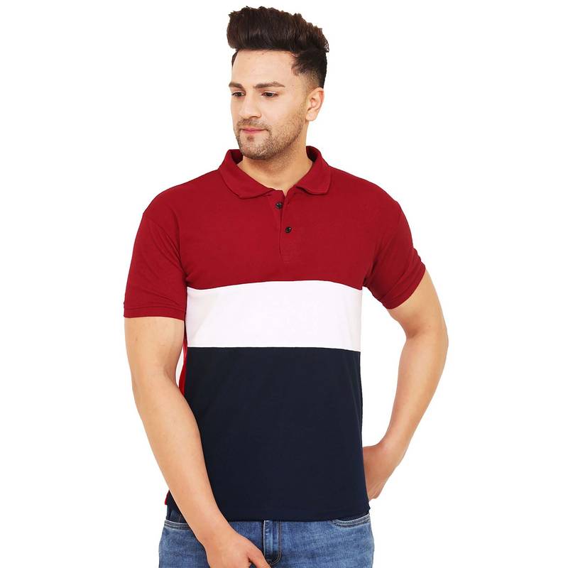 LEOTUDE Men Maroon Colorblock Polo T-shirt (2XL)