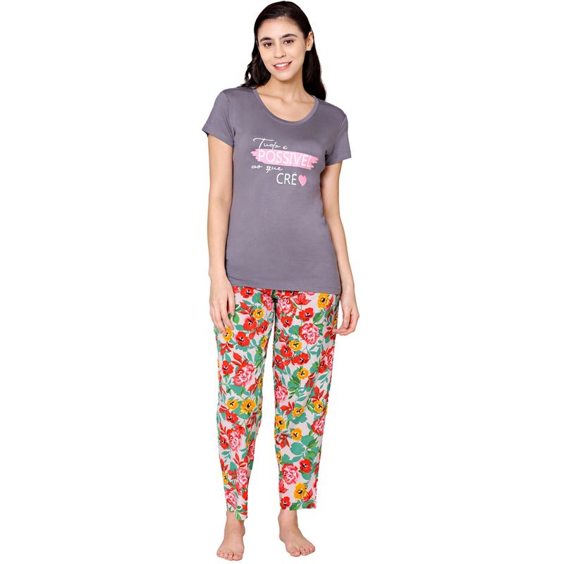 Bodycare Womens Modal Spandex Printed T-Shirt & Pyjama BSLS14013 Multi-Color (Set of 2) (M)