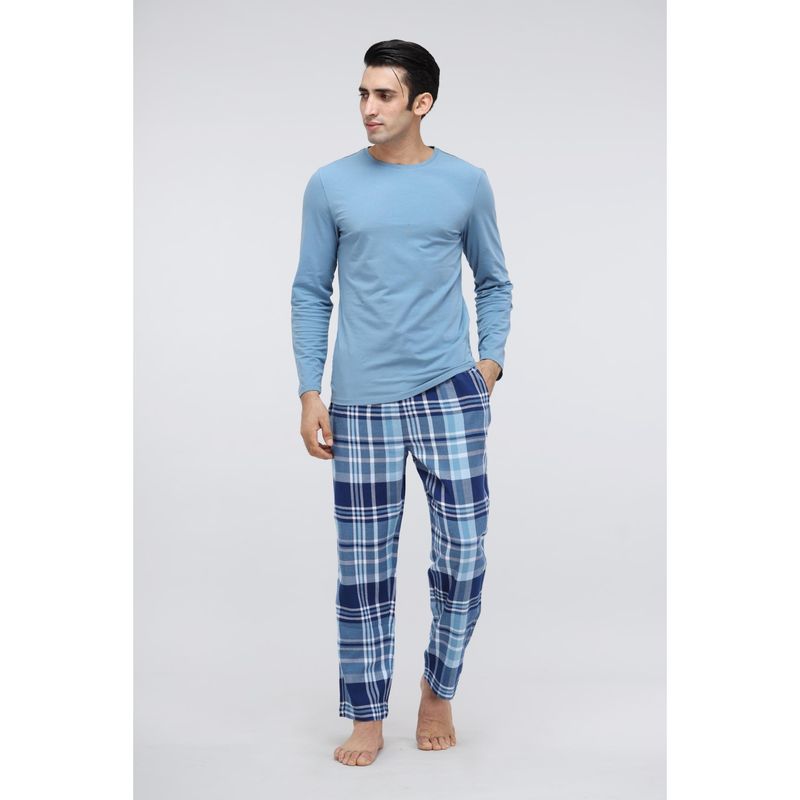 NeceSera Men Blue Plaid Flannel T-Shirt with Pajama (Set of 2) (M)