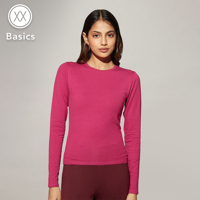 Twenty Dresses by Nykaa Fashion Basics Magenta Full Sleeves Round Neck T-Shirt (M)