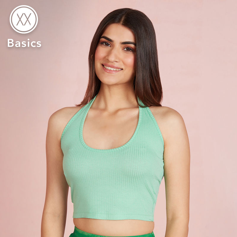 Twenty Dresses by Nykaa Fashion Basics Light Green Solid Ribbed Halter Neck Tshirt (L)