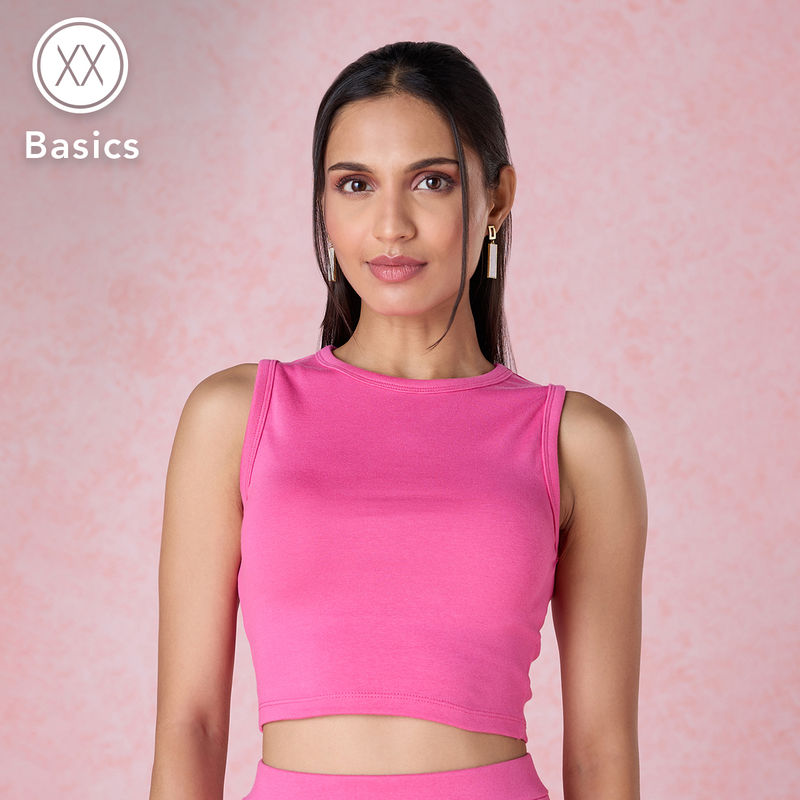 Twenty Dresses by Nykaa Fashion Basics Bright Pink Sleeveless Round Neck Cropped T-Shirt (XS)