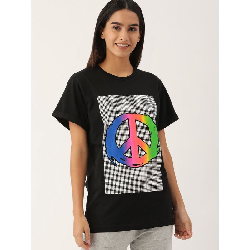 Kryptic Women Black Printed Pure Cotton Oversized Longline Tshirt (S)