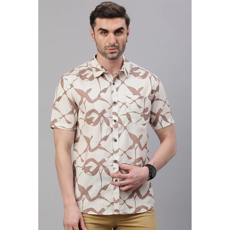 Classic Polo Men Half Sleeve White & Light Brown Polo Neck Slim Fit All-Over Print Shirt (M)