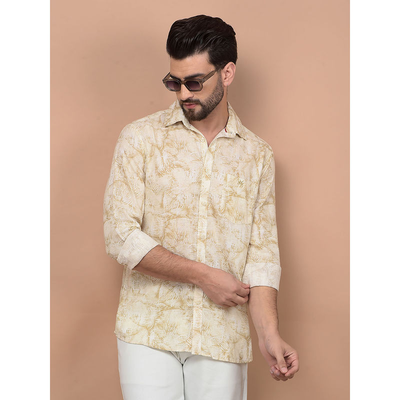 CRIMSOUNE CLUB Mens Yellow Printed Linen Shirt (S)