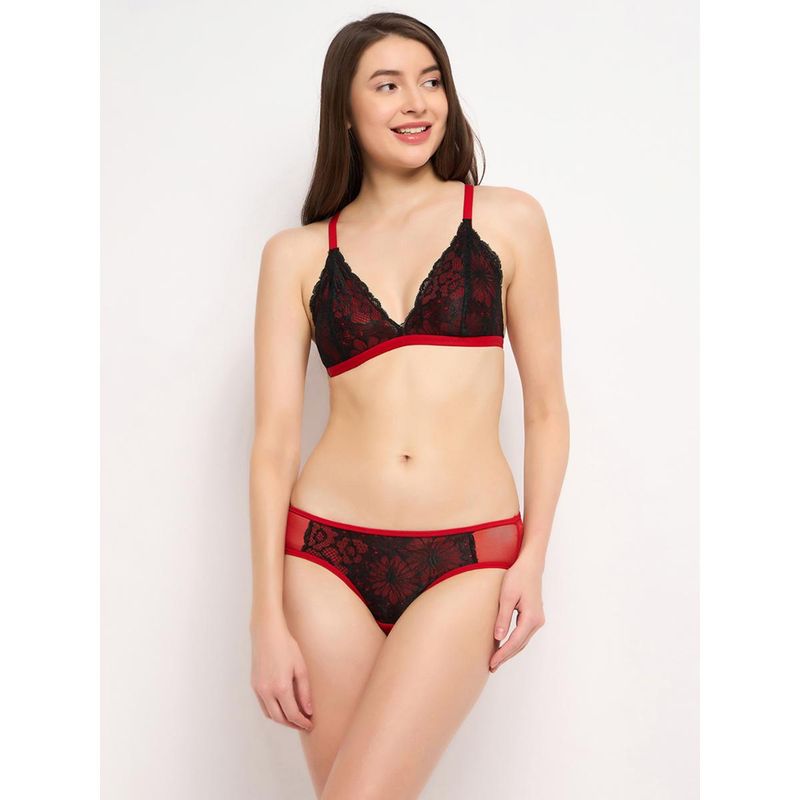 Clovia Lace Non-Padded Non-Wired Plunge Racerback Bralette & Bikini Panty - Multi-Color (38C)