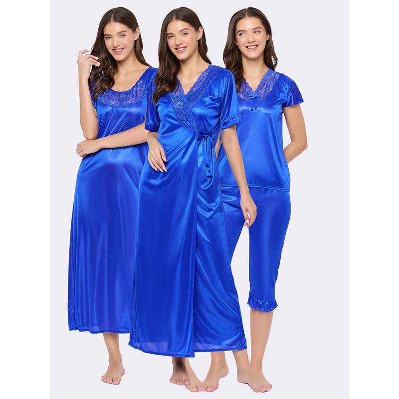Buy Clovia 4 Piece Satin Nightwear in Blue (Set of 4) Online