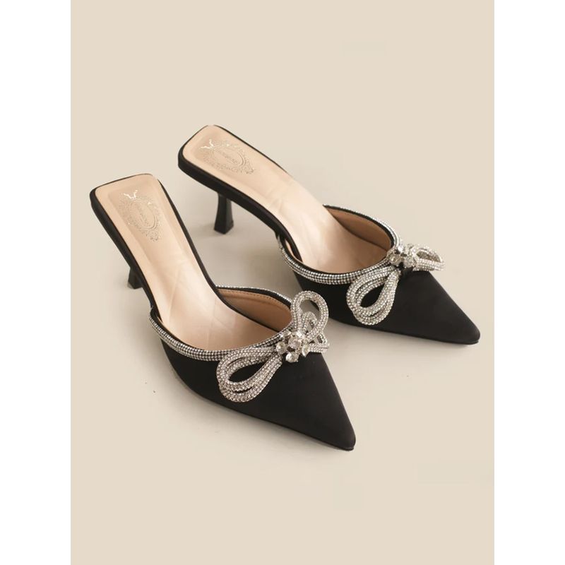 Shoetopia Crystal Embellished Double Bow Pointed Toe Black Heels (EURO 38)