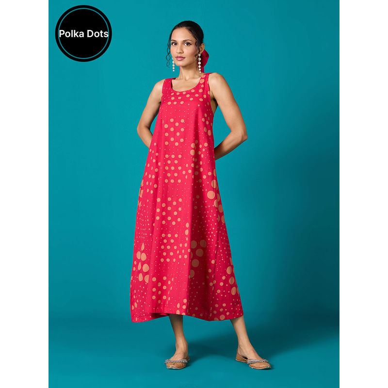 Likha Fuschia Pink Polka Dot Printed Cotton Flex Flared Dress LIKDRS72 (M)