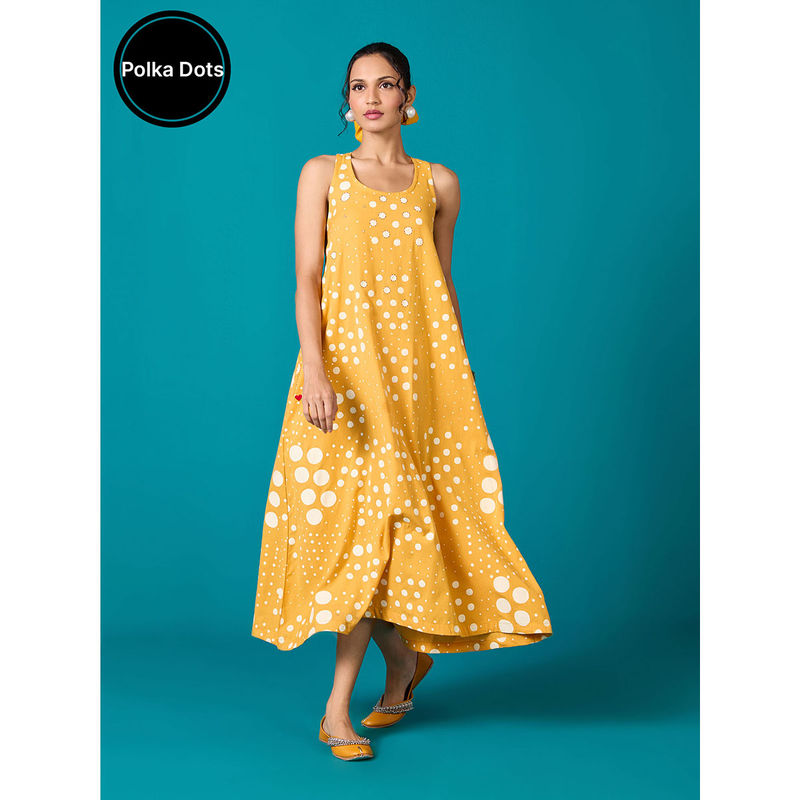 Likha Yellow Polka Dot Printed Cotton Flex Flared Dress LIKDRS72 (XL)