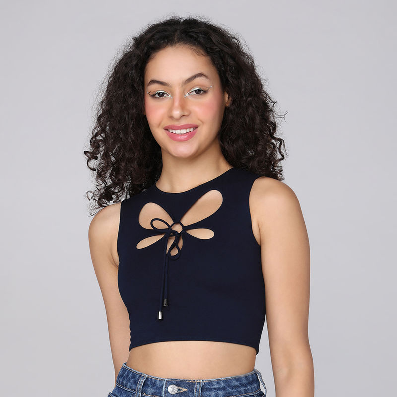 MIXT by Nykaa Fashion Navy Blue Round Neck Cut Out Ribbed Cropped Tank Top (XS)