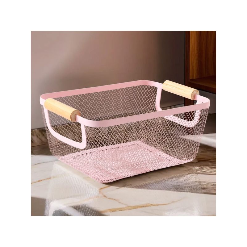 UMAI Metal Mesh Basket with Wooden Handle Multipurpose Pink (L)