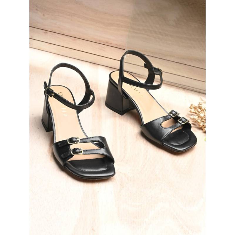 MIORAH Women Black Dual Strap Block Heels (UK 3)