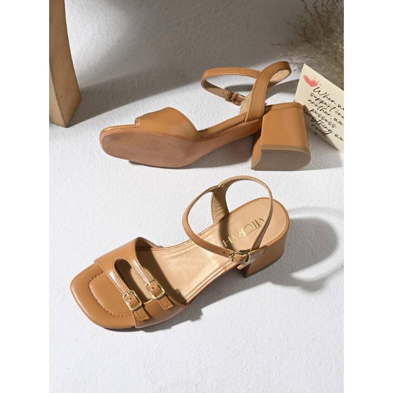 MIORAH Women tan Dual Strap Block Heels (UK 3)