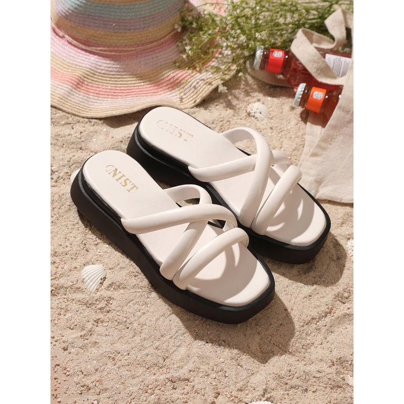 GNIST Cushioned Strap Flatform White Sandal Heels (EURO 40)