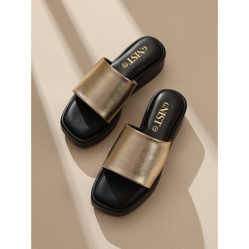 GNIST Metallic Flatform Black Sandal Heels (EURO 37)