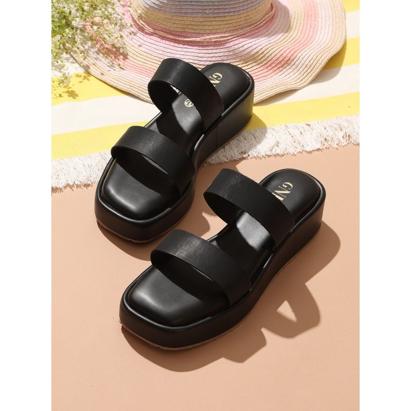 GNIST Double Strap Flatform Black Sandal Heels (EURO 36)