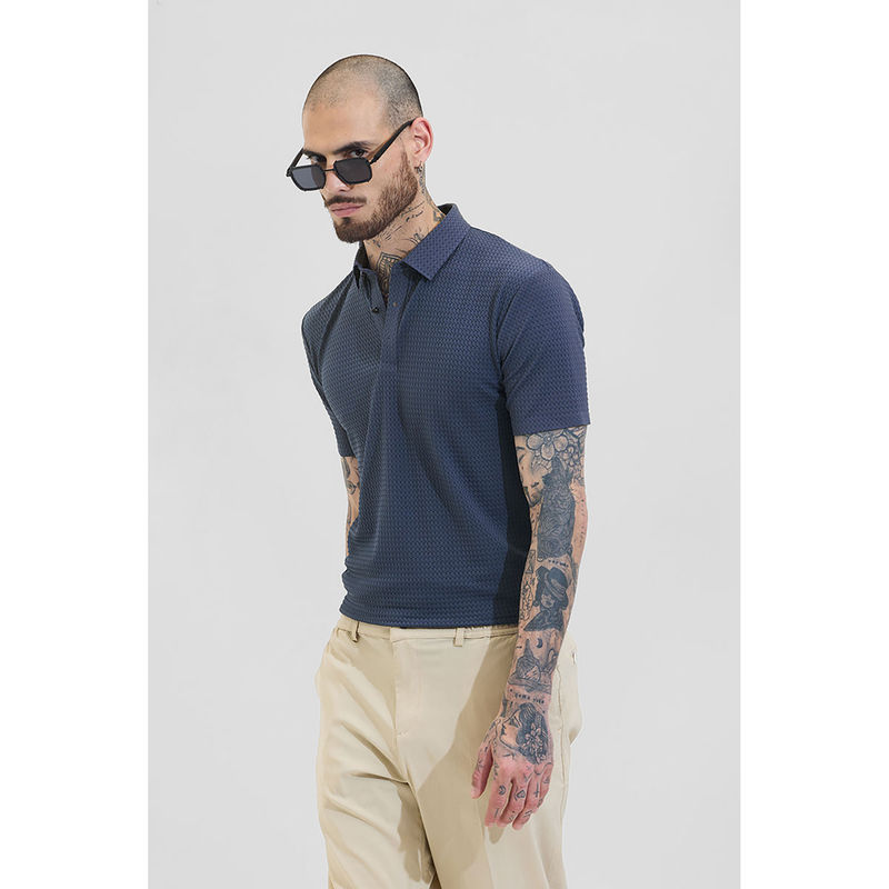 Snitch Men Navy Blue Self Design Polo Slim Fit T-Shirt (2XL)