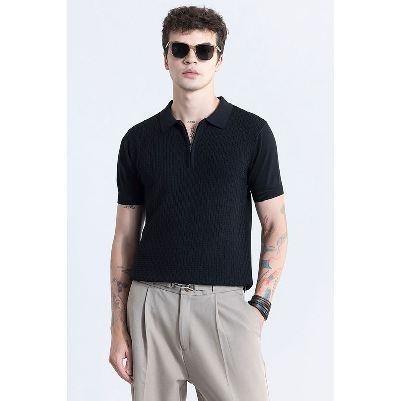 Snitch Men Black Nova Self Design Polo T-Shirt (L)