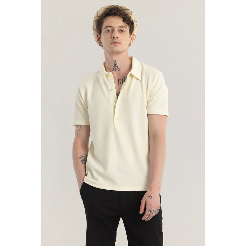 Snitch Men Cream Textured Polo T-Shirt (S)