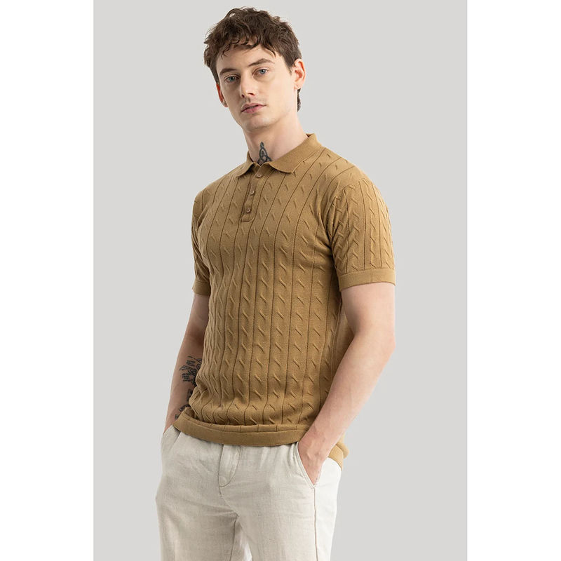Snitch Men Brown Self Design Fresco Knitted Polo T-Shirt (M)