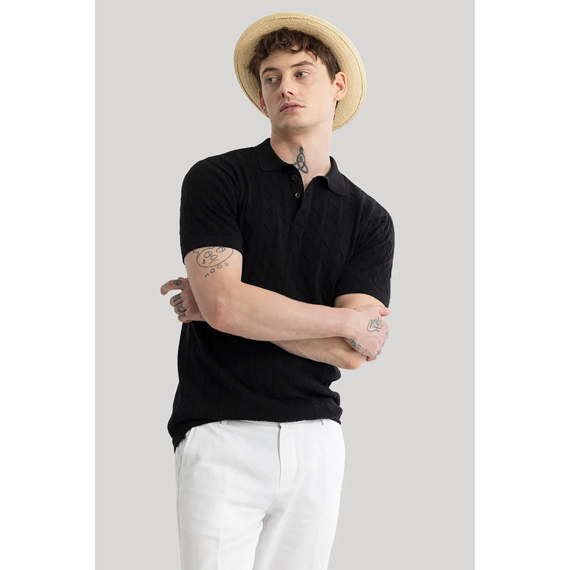 Snitch Men Black Self Design Fresco Knitted Polo T-Shirt (L)