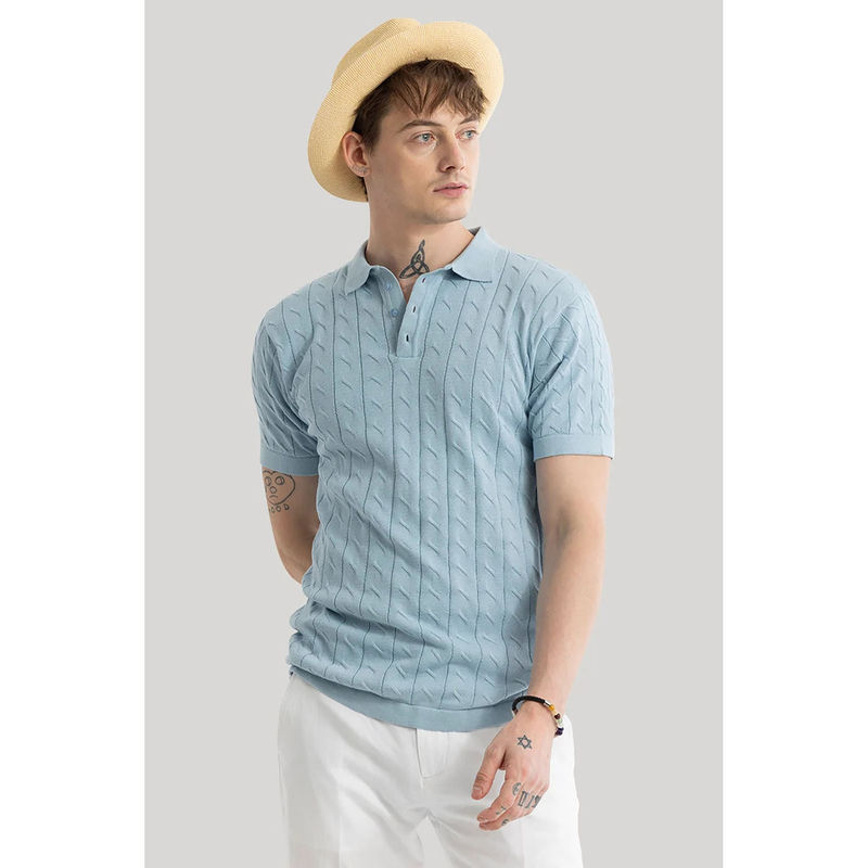 Snitch Men Light Blue Self Design Fresco Knitted Polo T-Shirt (M)