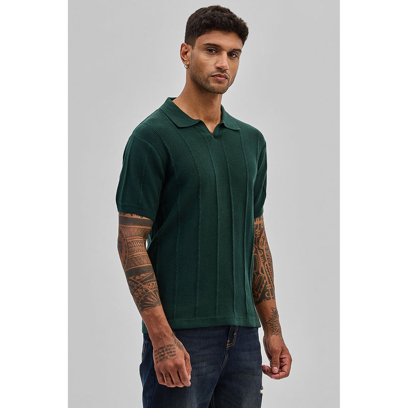 Snitch Men Dark Green Self Design Polo T-Shirt (M)