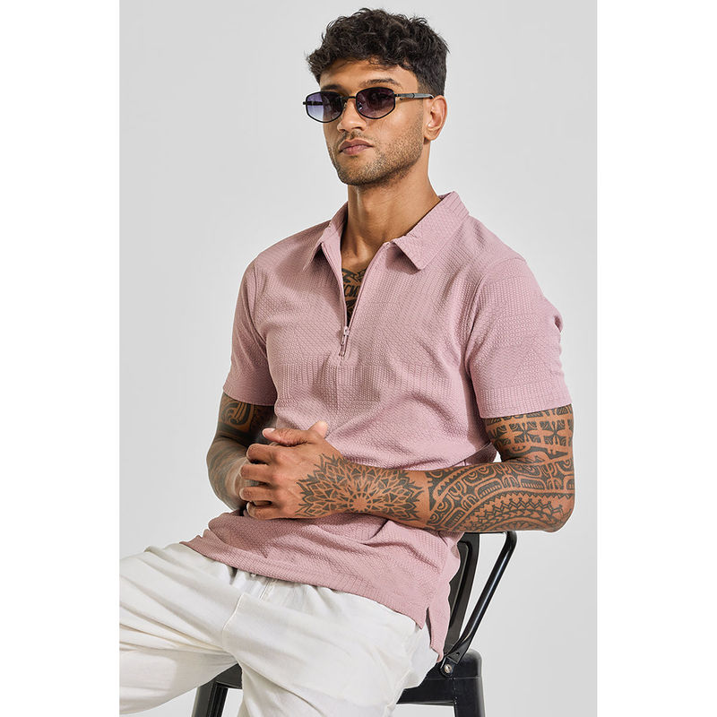 Snitch Men Light Pink Zipper Self Design Polo T-Shirt (L)