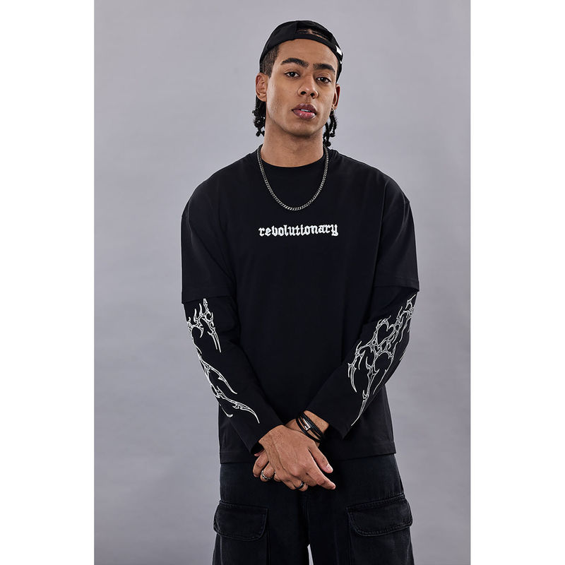 Snitch Men Black Revolution Printed Double Layered Oversized T-Shirt (2XL)