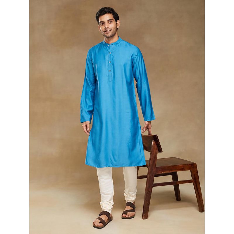 Fabindia Blue Viscose Silk Slim Fit Long Kurta (M)