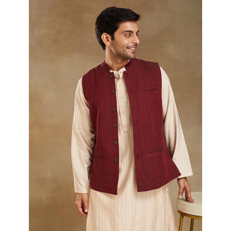 Fabindia Maroon Cotton Dobby Nehru Jacket (S)