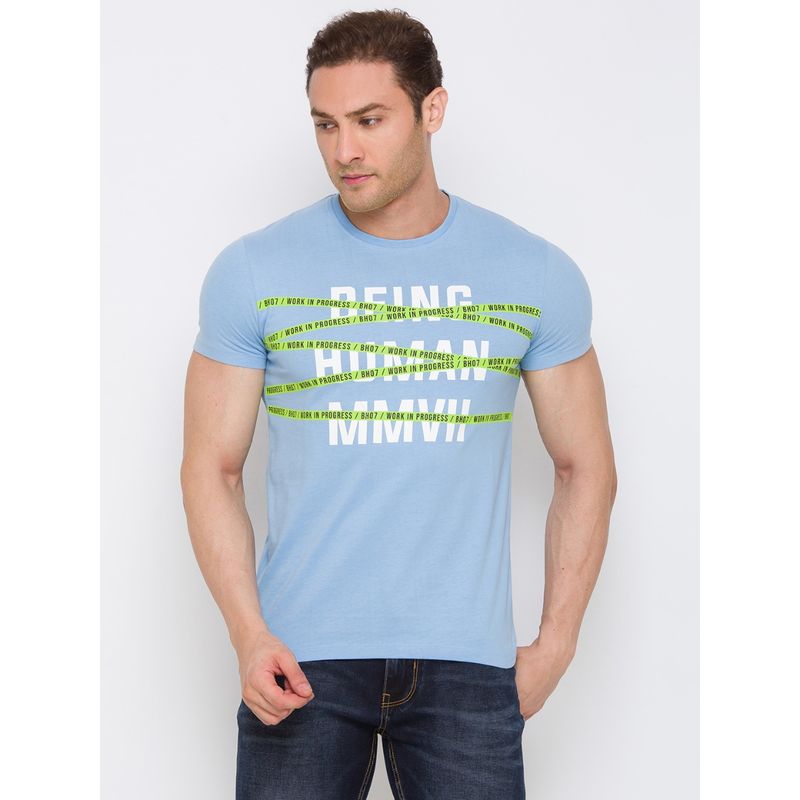 Being Human Mens Regular Fit Printed T-Shirt Blue (S)