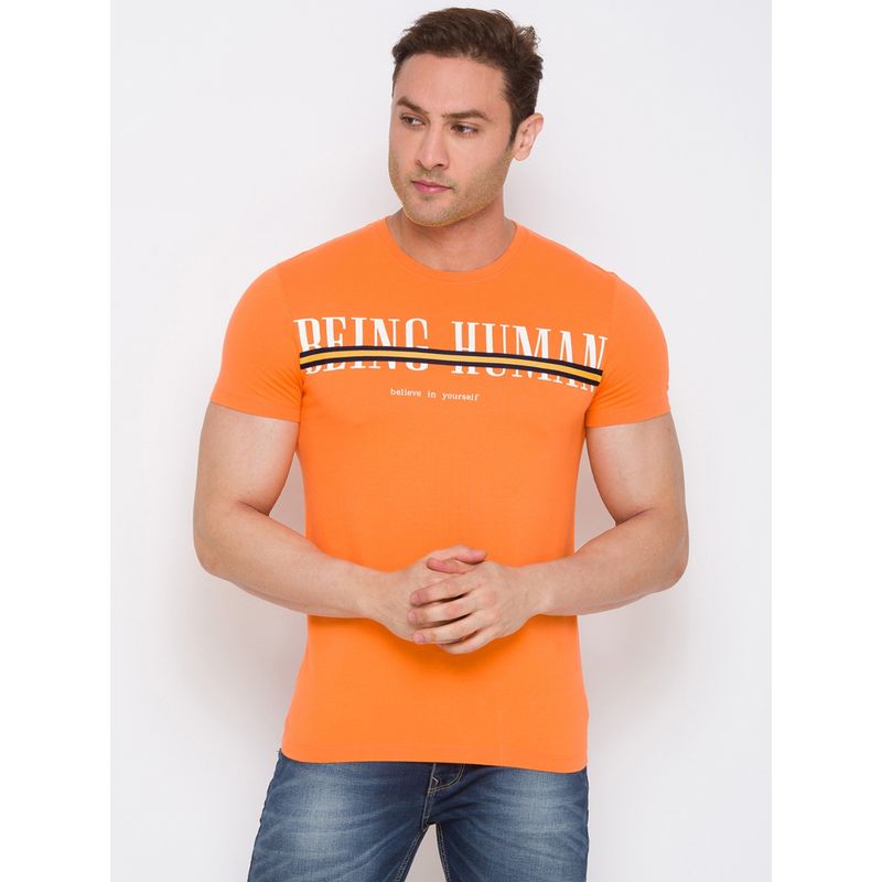Being Human Mens Regular Fit Printed T-Shirt Orange (S)