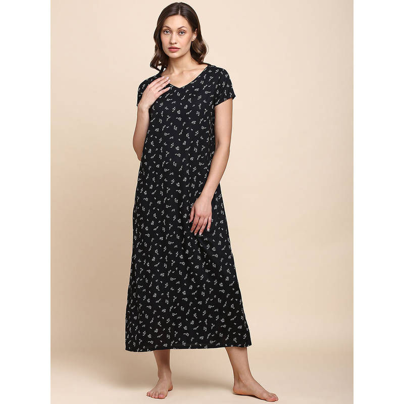 Van Heusen Woman Lingerie and Athleisure Allover Print & V-Neck Night Dress - Black Ditzy (S)