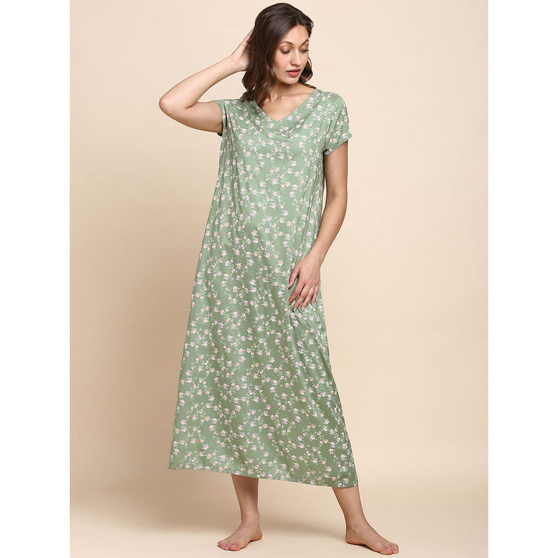 Van Heusen Woman Lingerie and Athleisure Allover Print & V-Neck Night Dress - Olive Creepers (M)