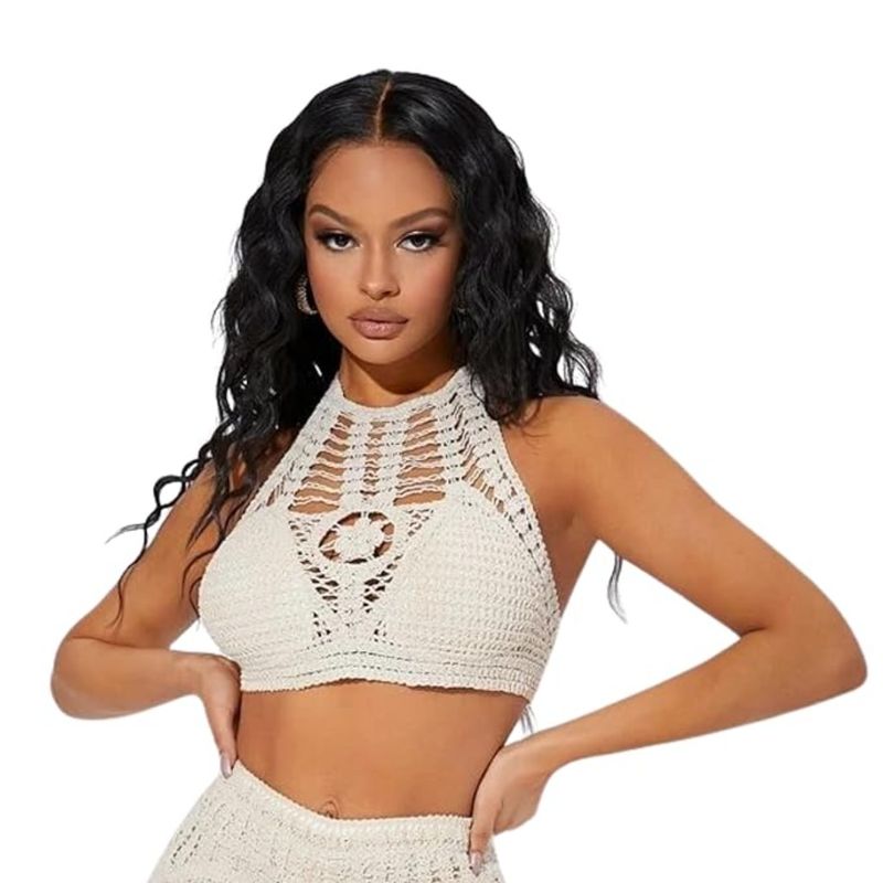 BRACHY Womenswhite Hollow Out Tie Backless Beach Halter Crochet Padded Bra (XS)