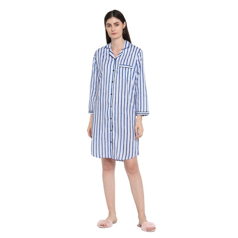 Shopbloom Blue Stripe Long Sleeve Women's Sleep Shirt - White (XS)