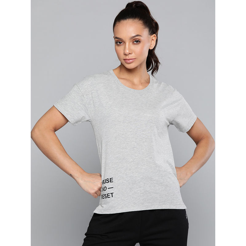 Alcis Women Grey Melange Typography Printed Slim Fit T-Shirt (L)