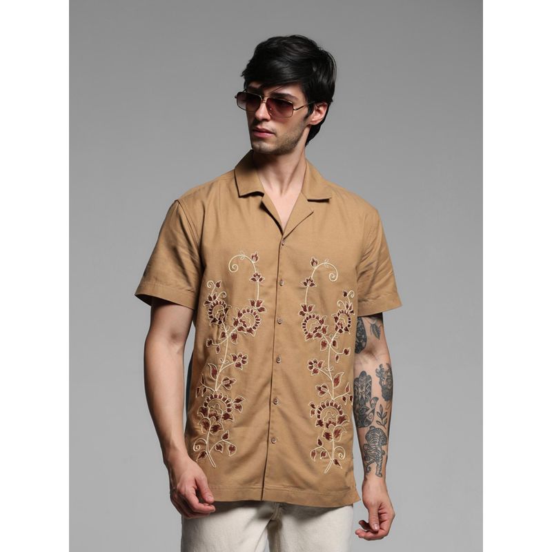 Jack & Jones Beige Cotton Comfort Fit Embroidered Shirt (XL)