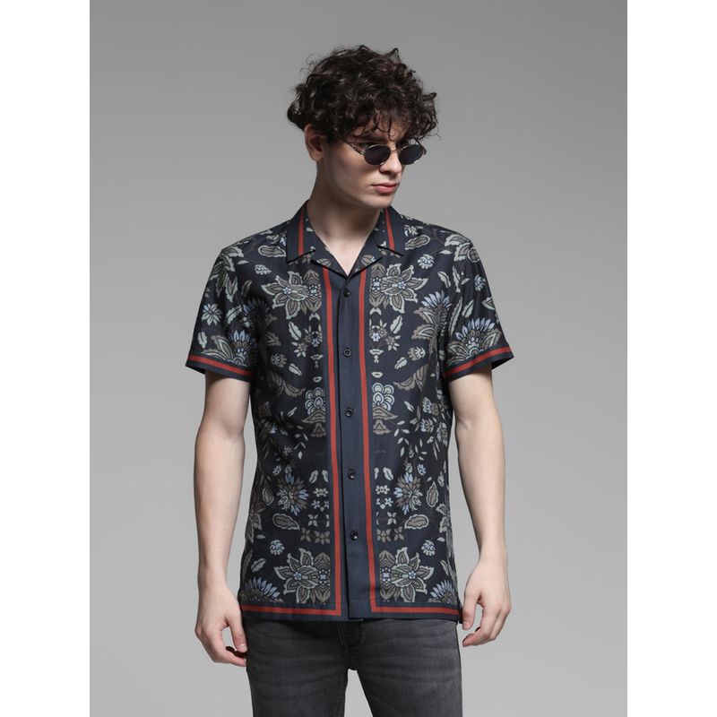 Jack & Jones Navy Blue Cotton Comfort Fit Floral Shirt (M)