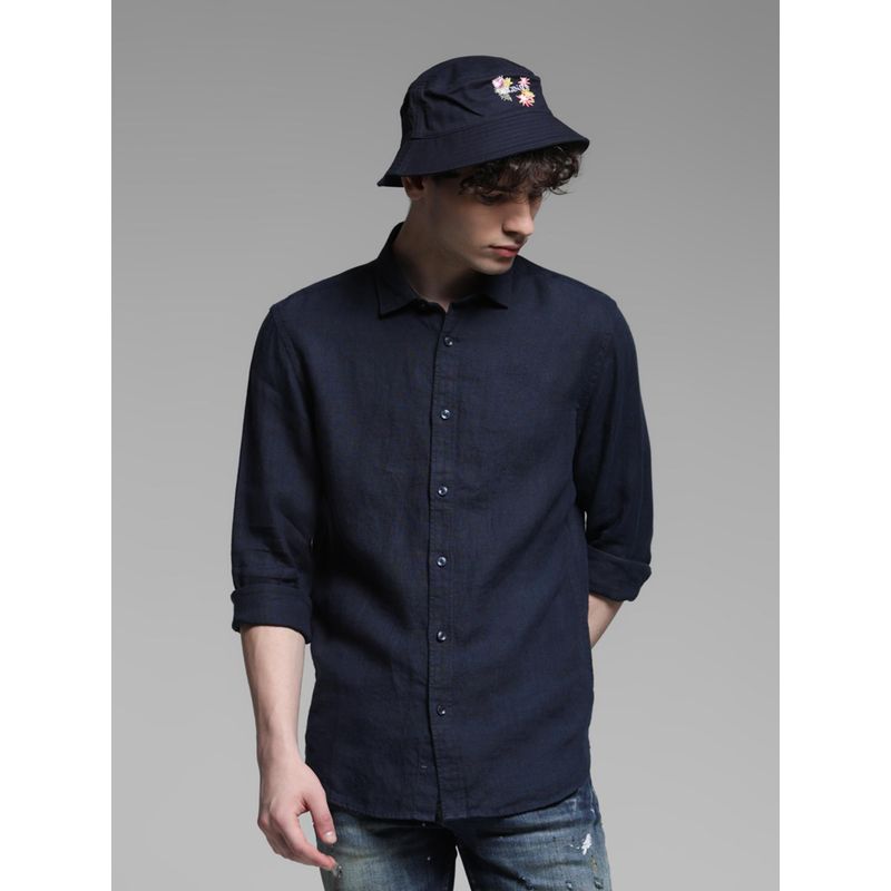 Jack & Jones Navy Blue Linen Regular Fit Solid Shirt (L)