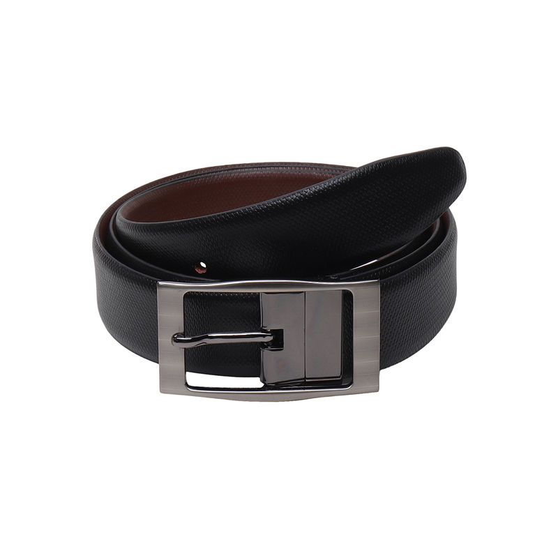 Teakwood Men Black & Brown Textured Leather Semi Formal Reversible Belt (34)