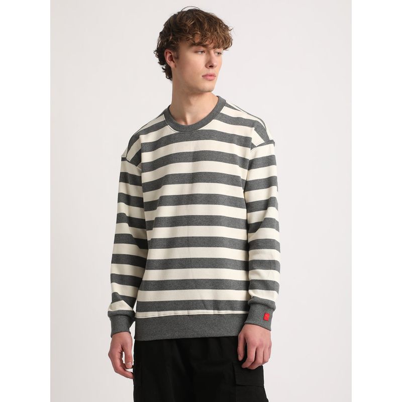 THE BEAR HOUSE Men Grey And White Striped Relaxed Fit Sweatshirt (M)