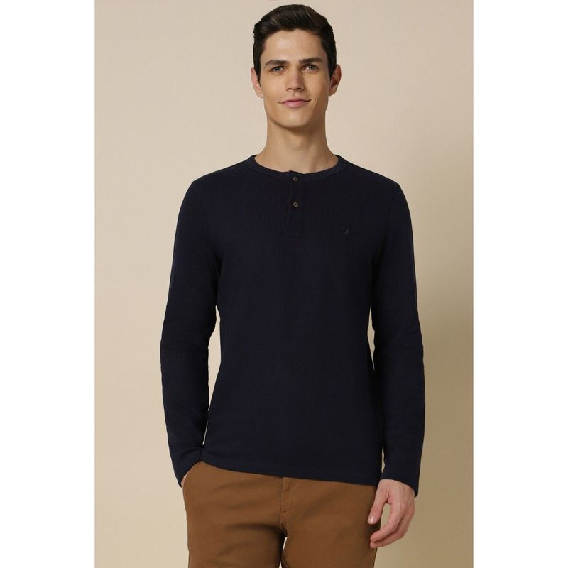 Allen Solly Men Navy Solid Henley Neck T-Shirt (L)