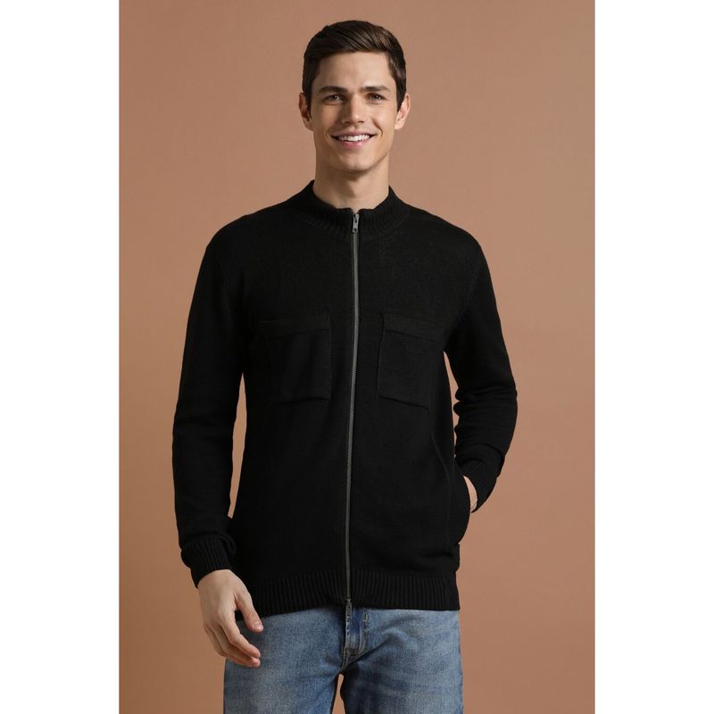 Allen Solly Men Black Solid Stylized Neck Full Sleeves Sweater (S)