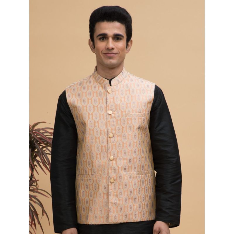 NEUDIS Men Peach Jacquard Ethnic Motif Silk Blend Nehru Jacket (36)