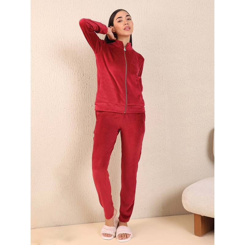 Sweet Dreams Women Red Velour Spandex Front Open Tracksuit (3XL)